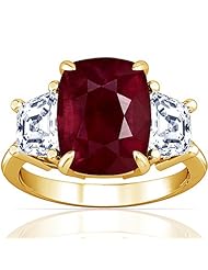 14K Yellow Gold Cushion Cut Ruby Three Stone Ring