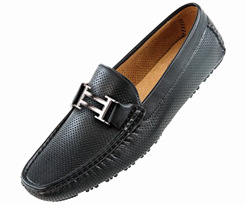 Amali Mens Driving Moccasin Loafer in Perforated Smooth with Silver Double Bar Ornament in Black: Style 1052 Black-000