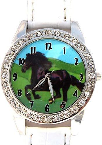 Horse Watch Black Stallion Framed in Small Crystals with White Leather Band