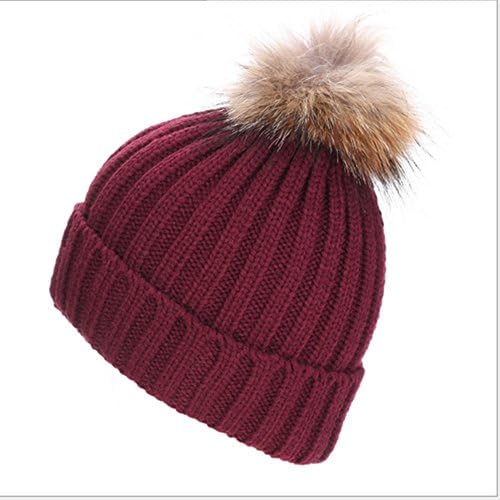 Final Bliss Womens Fall and Winter Fur Ball Raccoon hats Thick Warm Wool Cap(Wine Red)