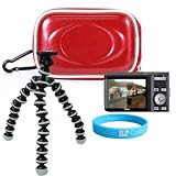 Hard Candy Red Camera Zip Case for Casio Exilim EX-S880, EX-V7, EX-V8, EX-Z100, EX-Z1000, EX-01050, EX-Z1080 + Ultra Flex Tripod + Screen Protector + Wisdom * Courage Wristband
