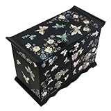 Mother of Pearl Asian Black Lacquer Women Wooden Mirror Jewelry Trinket Keepsake Treasure Gift Girls Jewel Ring Drawer Box Chest Case Organizer with Butterfly and Flower Design