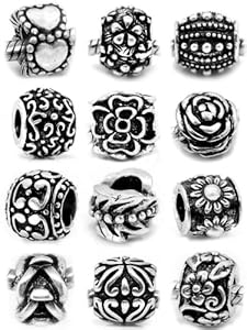 Ten (10) Silver Assorted Flower and Pattern Design Beads Charm (Styles You Will Receive Are Shown in Picture Assorted Random Mix 10 Beads) for European Style Bracelets Fits Pandora, Biagi, Troll, Chamilla and Many Others