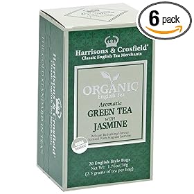Harrisons & Crosfield Organic Green with Jasmine Tea English Style Tea Bags 20-Count Tea Bags, 1.76-Ounce Boxes (Pack of 6)