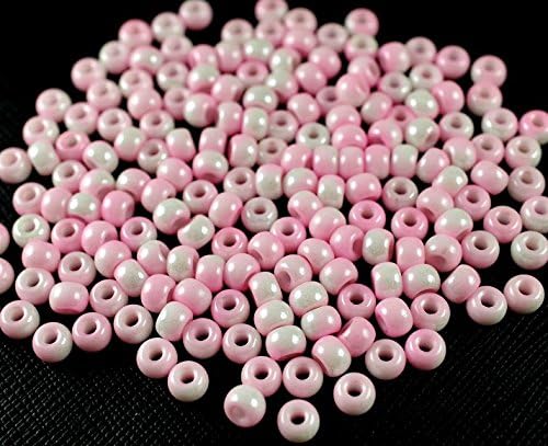 50pc Czech Glass Pressed Pony Beads 5.5mm, Large Hole, White-Pink Luster