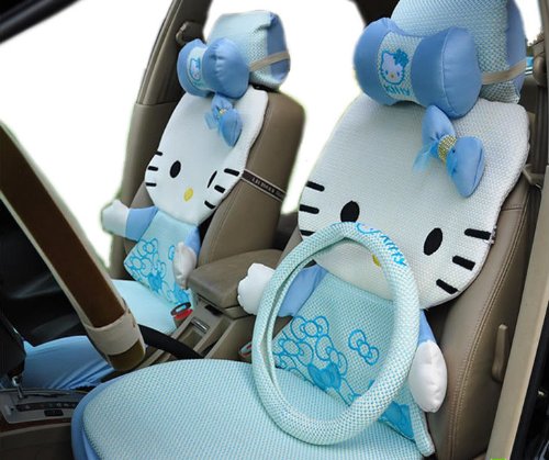 12pcs Blue Summer Ice Kitty Auto Car Rearview Front Rear Seat Saddle Cover Kit EMS Shipping ZJ000160