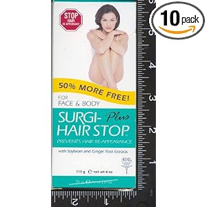 10, BOXES, HAIRSTOP, Hair Remover, for, Underarms, FACE, & BODY, with, Hair Stop Plus, gently creams away hair in 8 to 10 minutes, Since 1957, SURGI-CREAM has provided complete satisfaction and effectiveness to millions of customers. Extra Gentle, Order Controlled Kit contains: Underarm Cream Depilatory 42g/1.5oz Finishing Balm 14g/0.5oz, UPC074764925275