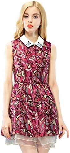 Elf Sack Womens Summer Dress Peter Pan Collar Sleeveless Geometric Jacquard Small Size Red