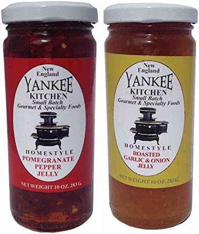 Yankee Kitchen Pomegranate Pepper &amp; Roasted Garlic &amp; Onion Jellies 10 oz made using 100% pure cane sugar, kettle stirred with wooden paddles and hand poured for flavors not found in groceries