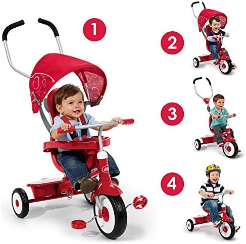 Baby Toddler Infant Tricycle with Canopy Push Bar~4 Ways to Ride: Infant Trike, Steering Trike, Learning-To-Ride Trike, and Classic Trike-Accommodate Ages 9 Months to 5 Years (Red Color)