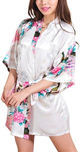 Macher Women's Kimono Robe, Peacock Design, Short