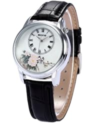 Lady Women Girl Mother of Pearl Dial Peony Bracelet Black PU Leather Quartz Wrist Watch WK1166