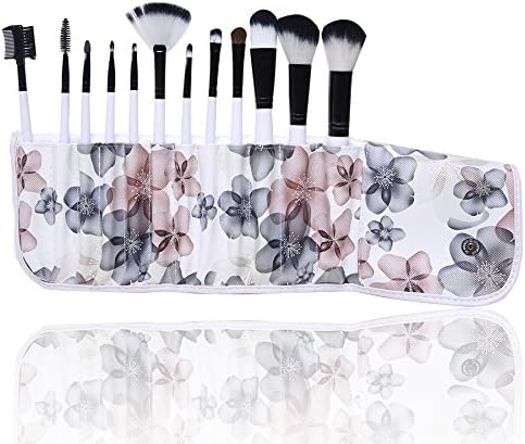 Beyondtek®2014 New 12pcs Professional Elegant Cosmetic Makeup Brush Set Kit Brushes with Pearl White/Pink Wooden Handle and Flower Floral Leather Bag Case (12pcs in black flower bag)