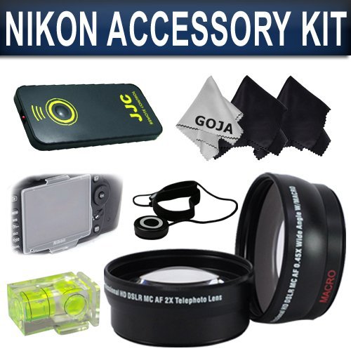 12 pcs kit for nikon d90, includes: 2.0x high definition telephoto lens + 0.45x high quality wide angle lens + 2 carry cases + caps (2 for each lens-front and back)+ super remote control with 1 cr2025 button cell included + lcd hard screen cover protector+ lens caps keeper- leash + super bubble level + 2 microfiber cleaning cloth + 1 ultra fine microfiber cleaning cloth goja logo