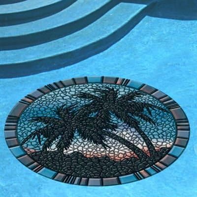 Blue Palm Trees Tile Border Pool Mat, 59 Inches in Diameter, Vinyl, All Weather, Durable, Easy to Install and Remove, Works in Any Pool, Poolsaic Mats
