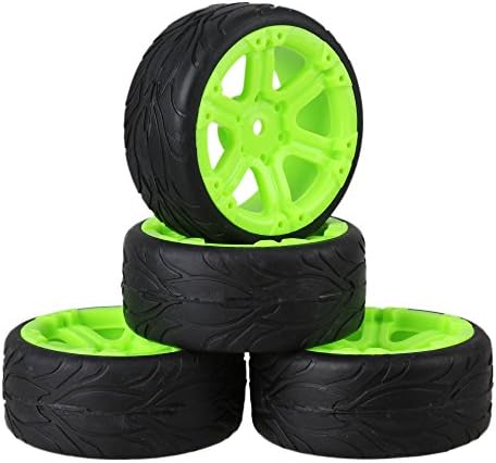 Mxfans RC 1:10 On-road Car Black Fish Scale Pattern Rubber Tyre &amp; Green Plastic 6-Spoke Wheel Rim 12mm Drive Hex Pack of 4