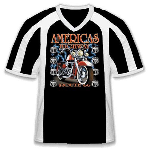 Americas Highway Motorcycle Route 66 Mens Sport Ringer T-shirt, Old School Bike Rte 66 States, X-Large, Black/White