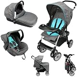 Poussette 4 roues combin&eacute; 3 en 1 - Turquoise-gris