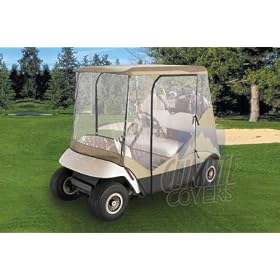 WATERPROOF SUPERIOR BEIGE AND TRANSPARENT GOLF CART COVER COVERS ENCLOSURE CLUB CAR, EZGO, YAMAHA, FITS MOST TWO-PERSON GOLF CARTS