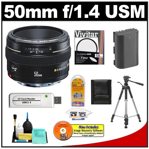 Canon EF 50mm f/1.4 USM Lens + UV Filter + LP-E6 Battery + Tripod + Accessory Kit for EOS 5D Mark II, 60D & 7D Digital SLR Cameras