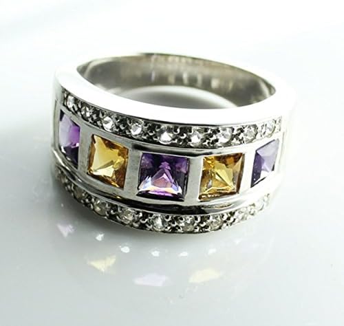 1.43 Ct Natural Amethyst & Citrine 5pc Gems Sterling Silver Ring Square Cutting Surrounded with Topaz Gem / Enchanted with White Gold All Genuine, Size 6 - 8