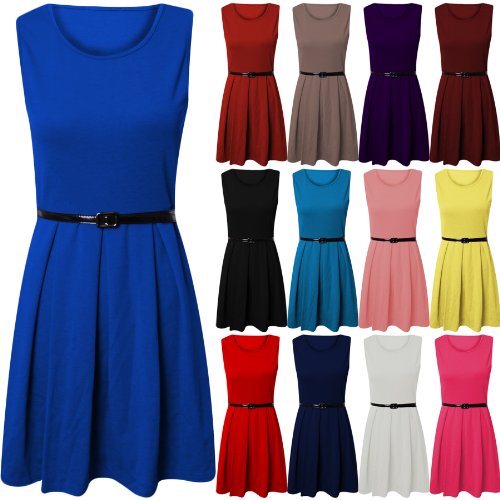 Fashion Wardrobe Womens Skater Dress Sleeve Less Tailored Short Party Belted