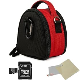 RED GRAY Mini Slim Compact Protective Travel Digital Camera Carrying Case with Accessory Compartment For Sony Alpha Series NEX-5 / NEX-C3 Point And Shoot Digital Camera + Includes a 8GB Micro SD Card with SD Adaptor + Includes a Universal Anti-Glare Screen Protector Guard