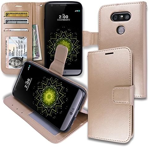 LG G5 [ Wallet ] Case, LG G5 Soft Leather Flip Diary Cover with [ Foldable Stand ] Pockets for ID, Credit Cards, Cash, Kickstand Features (Gold)