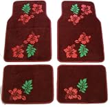 A Set of 4 Universal Fit Plush Hawaiian Hibiscus Floral Carpet Floor Mats for Cars / Truck - Red Floor Mats with Red Hibiscus