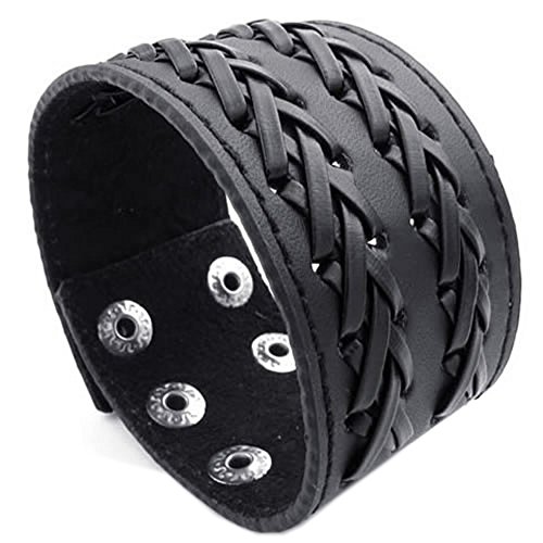 KONOV Mens Leather Bracelet, Wide Cuff Bangle, Fit 7-8.5 inch, Black
