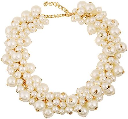 BigDO Jewelry Elegant Gold Tone Cream Faux Pearl Crystal Collar Chunky Bib Necklace L17+3"