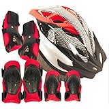 【対象 6~18才】 子供 ジュニア 用 自転車 スポーツ ヘルメット & プロテクター 7点 セット サイズ調整アジャスター付き (赤Carbon) 桜開花
