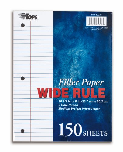 TOPS Filler Paper, Wide Rule, 10.5 x 8 Inches, 16 Pound, 150 Sheets, White, (62325)