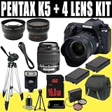 511mA1TlJpL. SL160  Pentax K 5 16.3 MP Digital SLR with 18 55mm Lens and 3 Inch LCD and 50 200mm f/4 5.6 Lenses (Black) + Two DLI90 Battery + 16GB SDHC + Wide Angle / Telephoto Lenses DavisMAX Accessory Kit Bundle Reviews