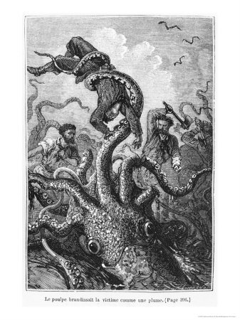 The Octopus Attacking the Nautilus, Illustration from "20,000 Leagues under the Sea" Art Styles Giclee Poster Print by Alphonse Marie de Neuville, 12x16