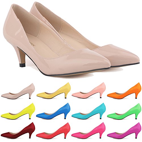Loslandifen Womens Low Mid Heels Shoes Leather Pointed Dress Pumps