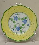 Yellow and Green Polka Dots and Violets Porcelain Plate with Stand