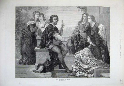 1872 TROUBADOUR MEN WOMEN MUSIC ROMANCE ANTIQUE PRINT