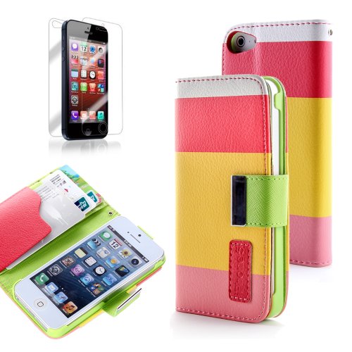 ATC PU Leather Quality Wallet Case for iPhone 5 Horizontal with Credit Card Slots & Holder Leather Case (Sprint, AT&T Verizon and International Carriers)(Red+Yellow+Pink)