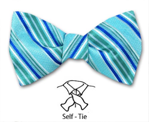 Blue -Aqua - Teal - Mens Fashion Striped Self Tie Bowtie