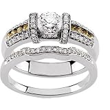 14K White Gold Natural Yellow and White Diamond Wedding Set - 0.97 Ct.