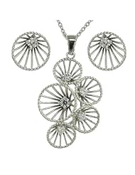 Sterling Silver Plain Lines Open Cone 1 Clear Cubic Zirconia Stone Earrings and Pendant Set 16 inches chain