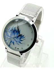 Womens Blue Lotus Stainless Steel Mesh Quartz Wrist Watch