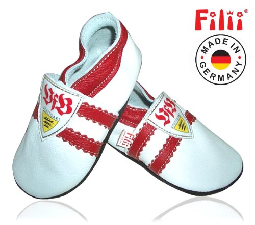 *WEISS-ROT* VfB Krabbelschuhe / Lauflernschuhe / Softlederschuhe von Filii in weiß mit roten Streifen: Gr.17