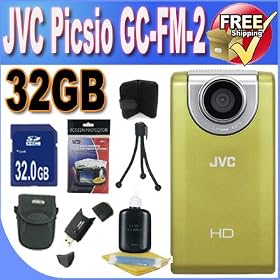 JVC Picsio GC-FM-2 Pocket Video Camera NEWEST VERSION w/32GB SDHC Memory + USB Card Reader + Memory Card Wallet + Deluxe Case w/Strap + Accessory Saver Bundle!