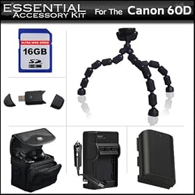 Essentials Accessory Kit For Canon EOS 60D, 6D Digital SLR Camera Includes 16GB High Speed SD Memory card + USB 2.0 High Speed Card Reader + Extended Replacement LP-E6 (2200 mAH) Battery (with Info-Chip!) + Ac/Dc Rapid Travel Charger + Deluxe Case + More