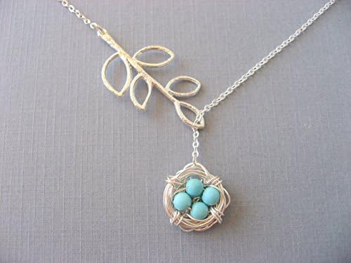 Mothers Necklace, Silver Bird Nest Necklace, Turquoise Lariat Branch Necklace