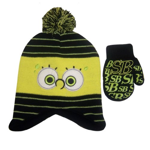 Boy's Spongebob Squarepants Yellow and Black Knit Beanie Hat and Mitten Set - Toddler