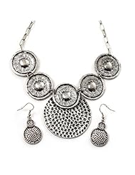 Antique Silver Textured Disc Necklace & Drop Earrings Set