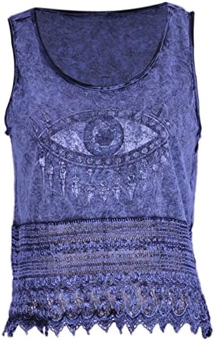 The Classic Brand Blue Evil Eye Symbol Distressed Crochet Detail Crop Tank Top